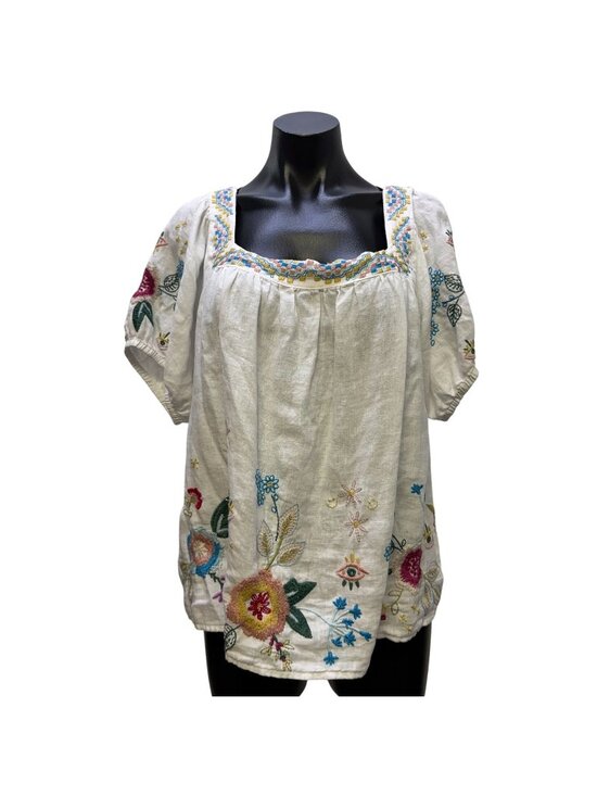 Johnny Was Tops - Johnny Was Linen Blouse White Multi Embroidered Floral XL